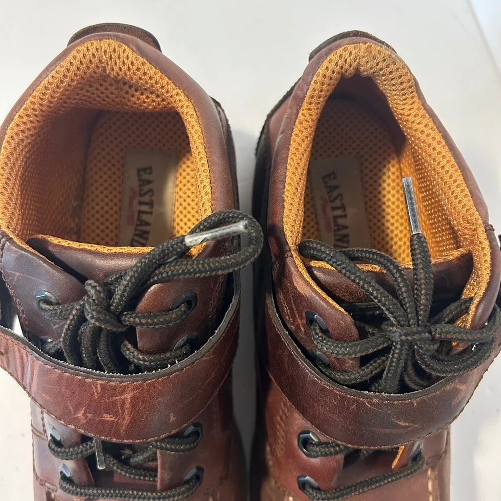 Vtg Eastland Brooklyn Moc Toe Boots Mens 9.5 Brown Buckle Strap Lug Sole Y2K